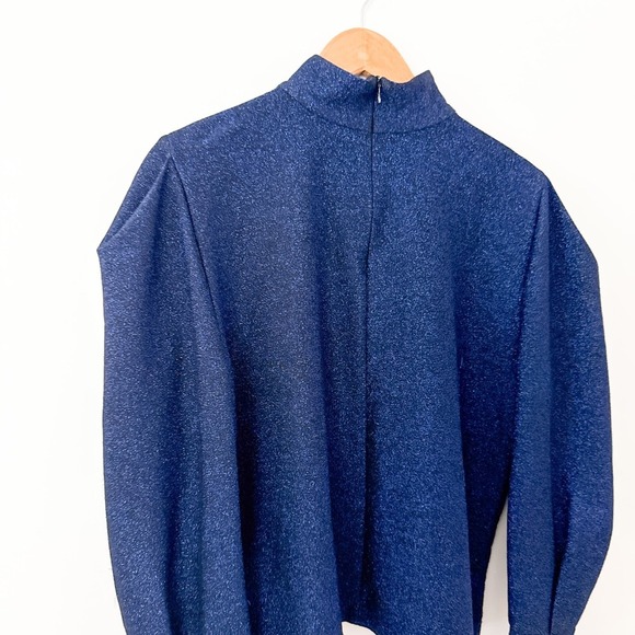PatBO Womens Mock Neck Puff Sleeve Lurex Top Metallic Blue Size Small Glitter - Picture 7 of 10